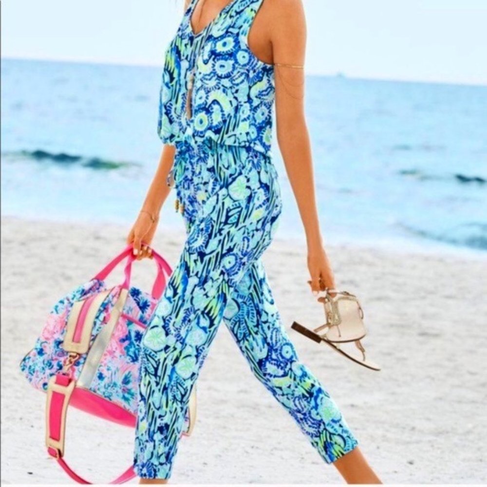 Lilly Pulitzer Paulina Jumpsuit Multi Blue Sandollar Sleeveless Jumpsuit  xs